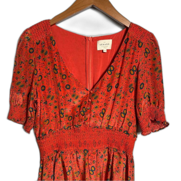 Sezane Sixtine Orange Floral Silk Boho Smocked Mini Dress European Size 40 - Picture 13 of 16